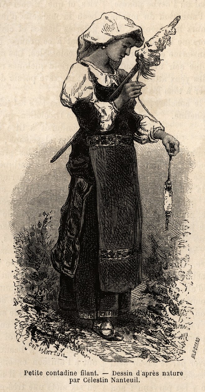 Liten contadin (bonde) från Roms omgivningar, spinner ull med sin spindel. Gravyr för att illustrera resan till Rom, av Francis Wey, 1864-1870, publicerad i "Le tour du monde"" 1870-1871, redigerad av Edouard Charton, upplaga Hachette, Pari av Unknown artist
