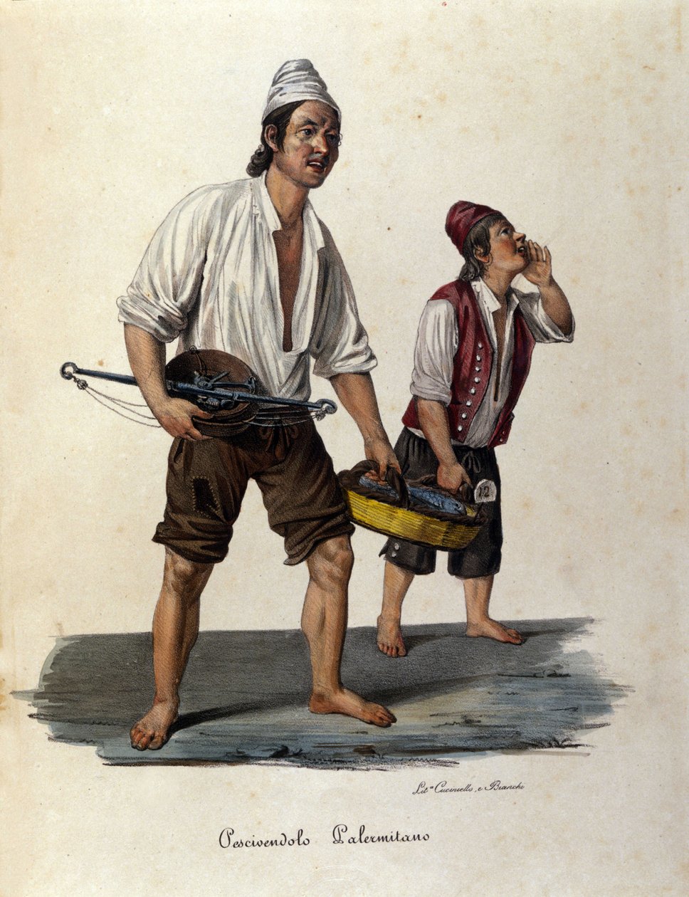 Liten metier av gatan: säljare av vandrande fisk. Siciliens gravyr från 1800-talet av Unknown artist