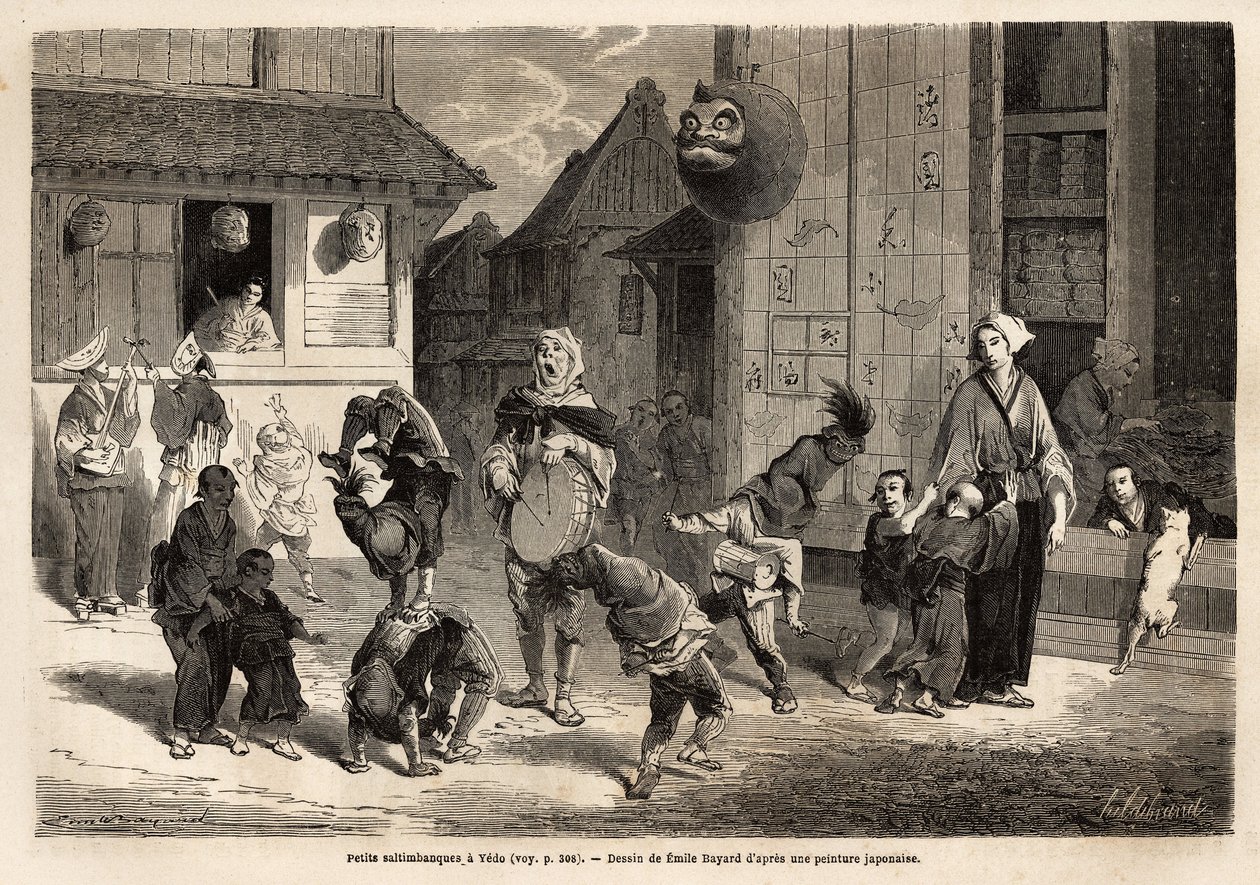 Små saltbanker som framför akrobatiska nummer i musik på gatorna i Yedo (eller Edo, den kejserliga huvudstaden, dagens Tokyo). Gravyr för att illustrera resan till Japan, 1863-1864, av Aime Humbert, minister för Schweiziska edsförbundet, i "" Le tour du m av Unknown artist