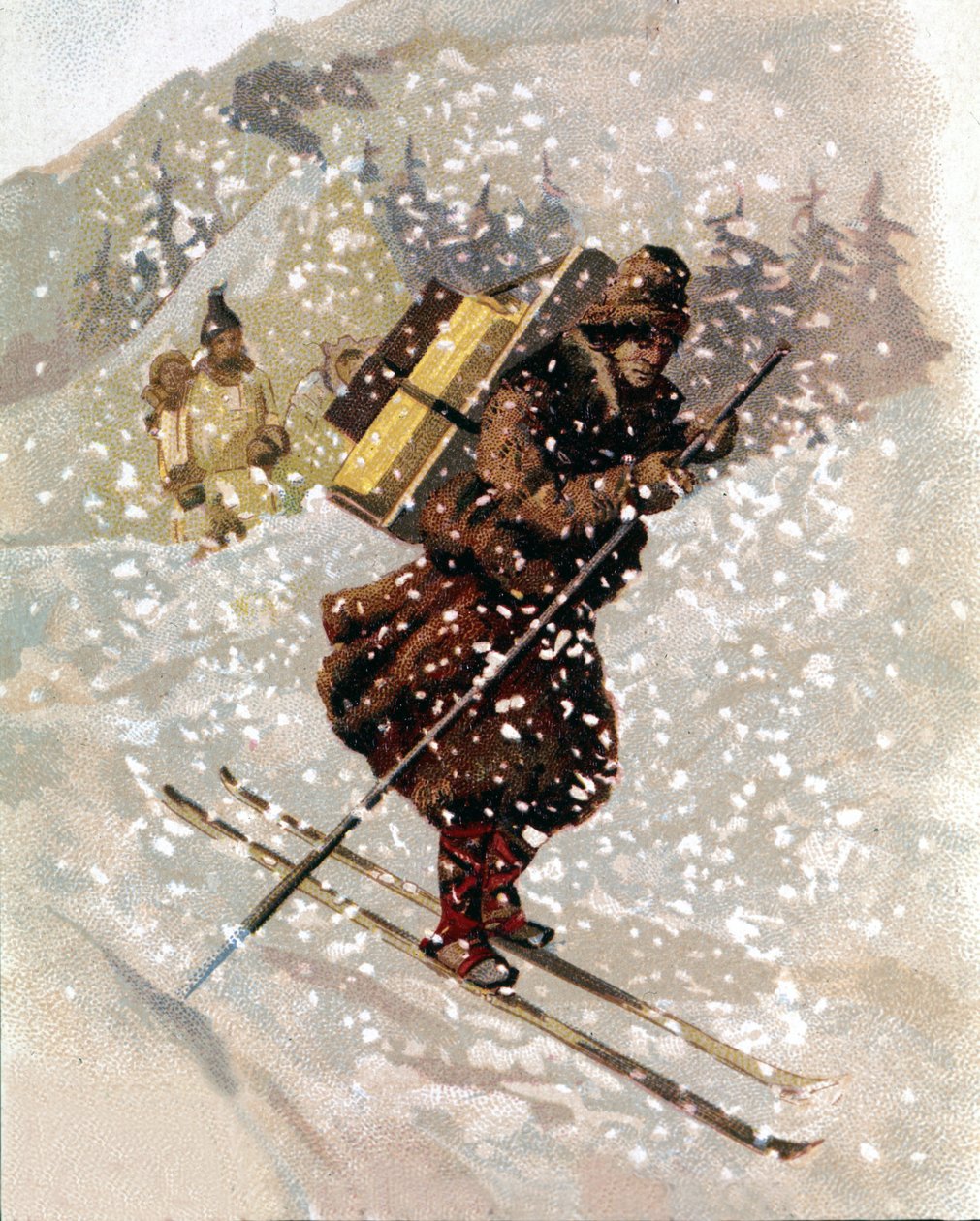 Snöskidåkare. chromo. av Unknown artist