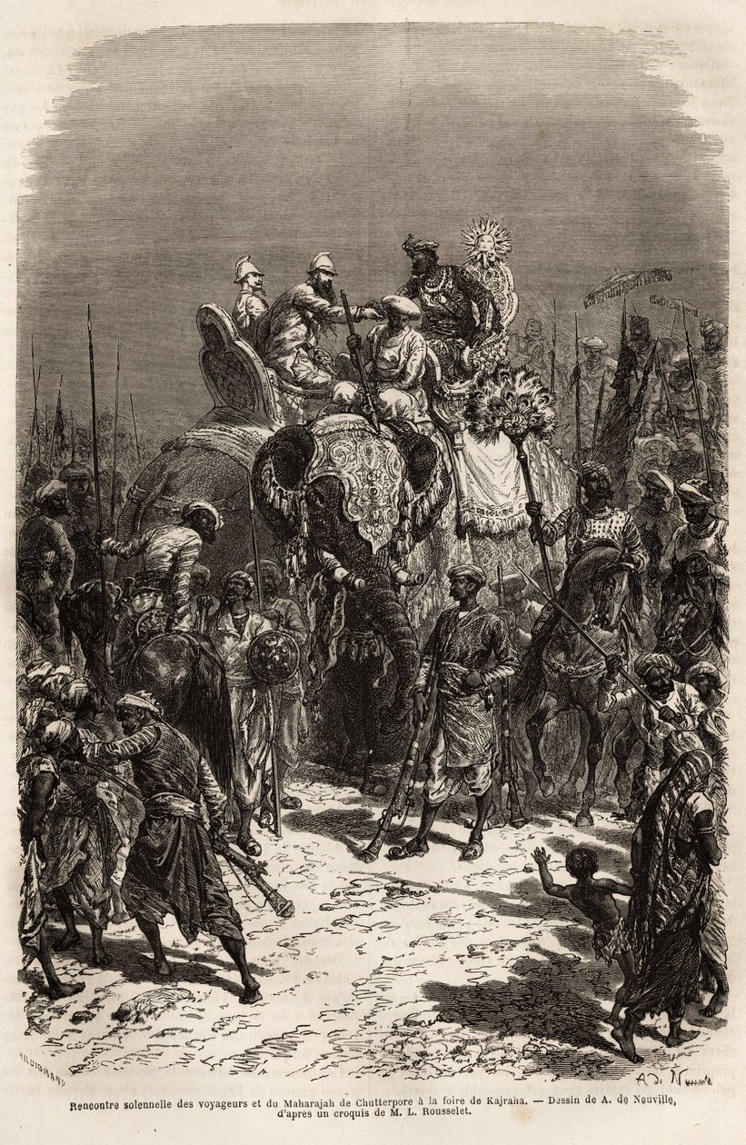Högtidligt möte och handhållen på ryggen av en elefant, mellan laget av resenärer och Maharajah of Chutterpore, på mässan i Kajraha. Gravyr för att illustrera Rajahernas resa i Indien, av Louis Rousselet, 1864-1868, publicerad i "" Le av Unknown artist