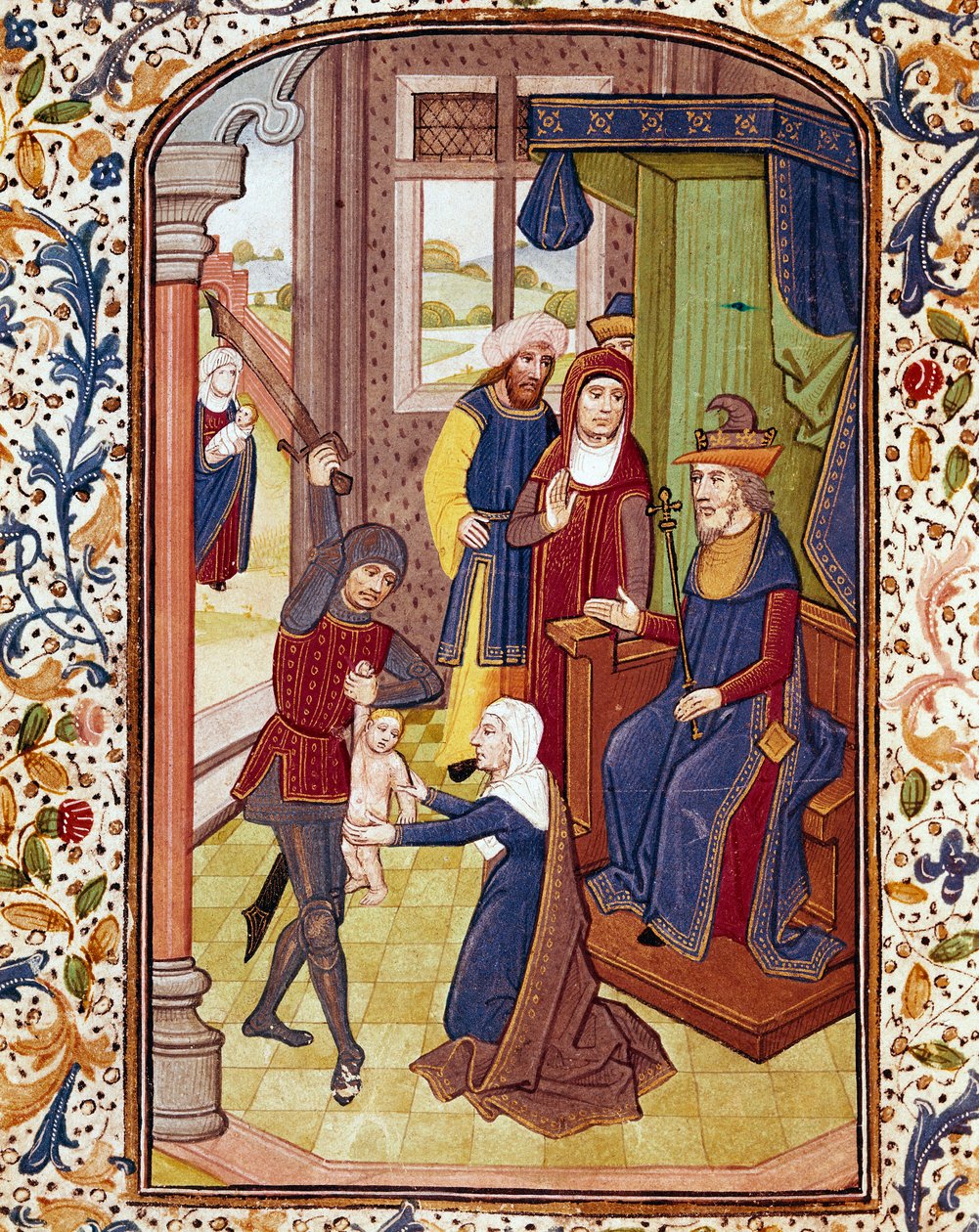 Salomos dom Två kvinnor låtsas vara mor till samma barn. Miniatyr från ett manuskript från 1400-talets Coimbra-bibliotek vid universitetet av Unknown artist