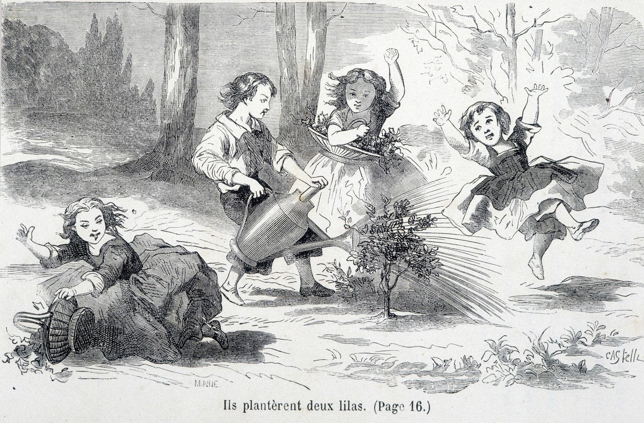 Sophie och hennes vänner planterar syren - i "The misfortunes of Sophie"" av grevinnan av Ségur, Hachette av Unknown artist