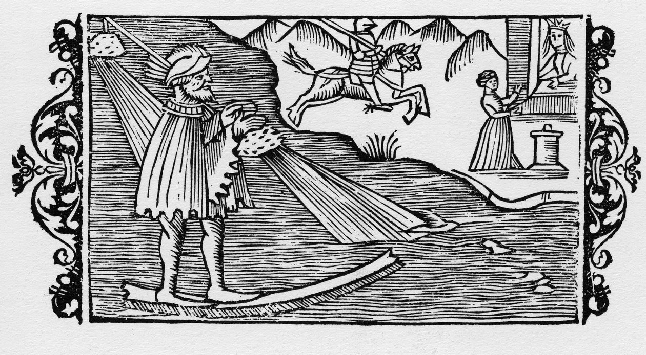 Trollkarl som korsar havet med hjälp av ett lotteri - i "History of the Northern Nations" av Olaus Magnus, Rom 1555 av Unknown artist