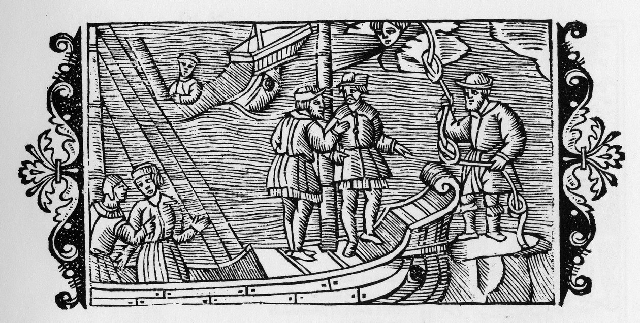 Trollkarl som säljer till sjömän vindarna låsta i de tre noderna av ett rep - i "Historia de Gentibus Septentrionalibus" (Historia om folken i Norden) av Olaus Magnus, Rom 1555 av Unknown artist