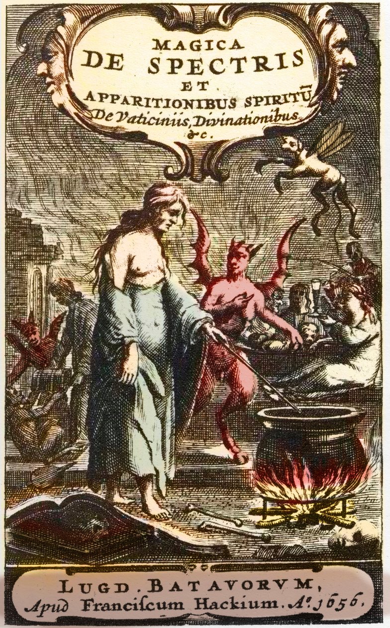 Trollkvinnor som förbereder drycker bevakade av djävlar, frontispice från ""Spökens magi och uppenbarelser i en anda av profetior och spådomar"", av Henningus Grosius av Unknown artist