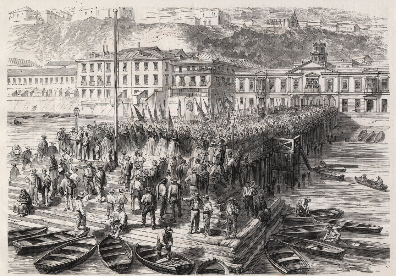 Sydamerikanska Hispano-kriget mellan Chile och Spanien, september 1865: damerna från Valparaiso, i närvaro av den spanska skvadronen som blockerar hamnen, sjunger patriotiska psalmer - gravyr i "" The Illustrous World" av Unknown artist