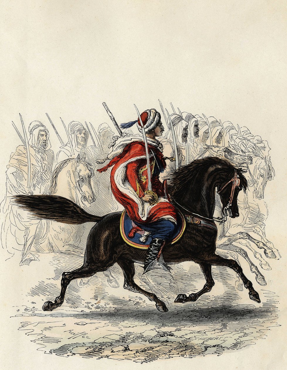 Spahis (den franska arméns indiska kavallerikår) består huvudsakligen av arabiska ryttare utbildade för provinsen Alger 1834, d