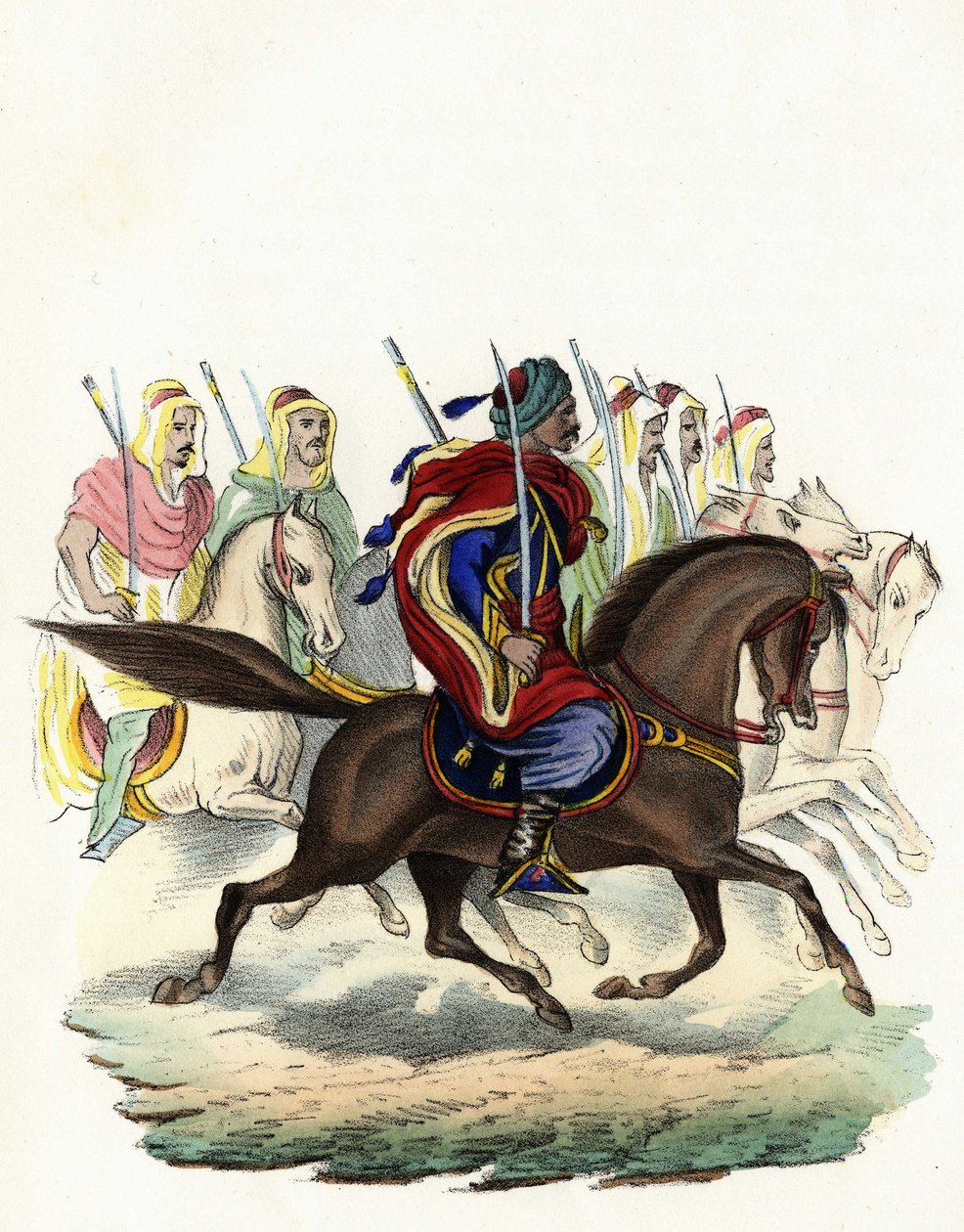 Spahis, en inhemsk kavallerikår från den franska armén i Afrika, huvudsakligen sammansatt av arabiska ryttare, bildad för provinserna Alger 1834, Bone 1835 och Oran 1836. I "" Storia d