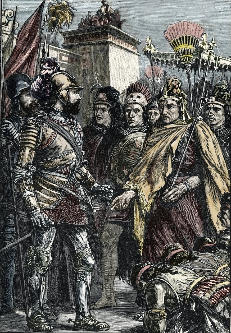 Spaniens erövring av Mexiko: möte mellan Hernan Cortes och Montezuma II 1519 av Unknown artist