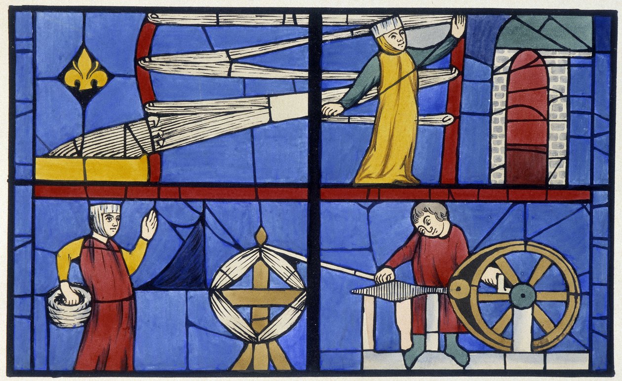 Spinnverkstad. Ansiktsliknelse av ett målat glasfönster från Cathedrale d