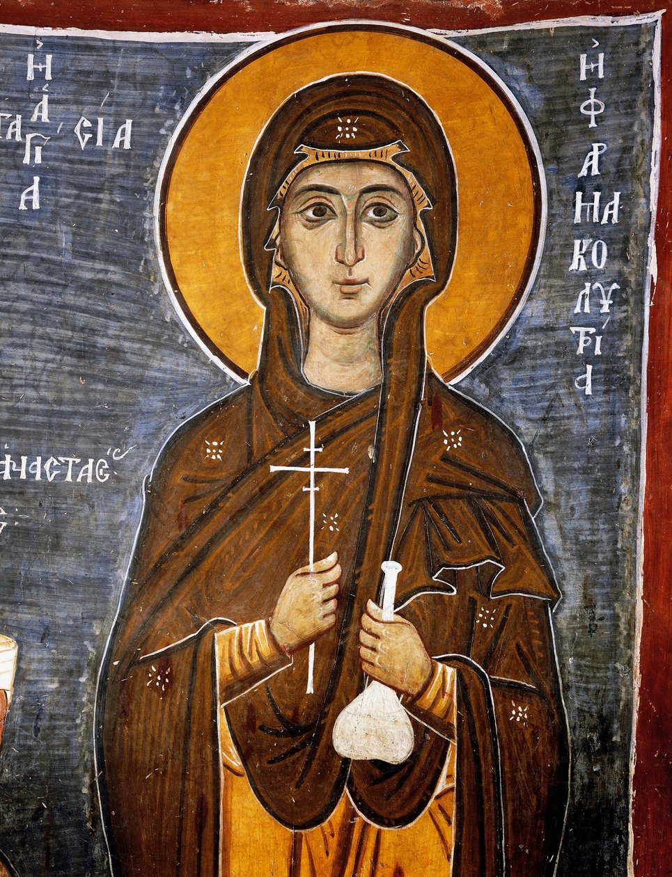 St Anastasia, helare av hästar med flaska med läkemedel och kors, Bysantinska kyrkan Our Lady of Asinou (1100-talet) (Unescos världsarvslista, 2001), Troodosbergen, Cypern, Detalj av Unknown artist