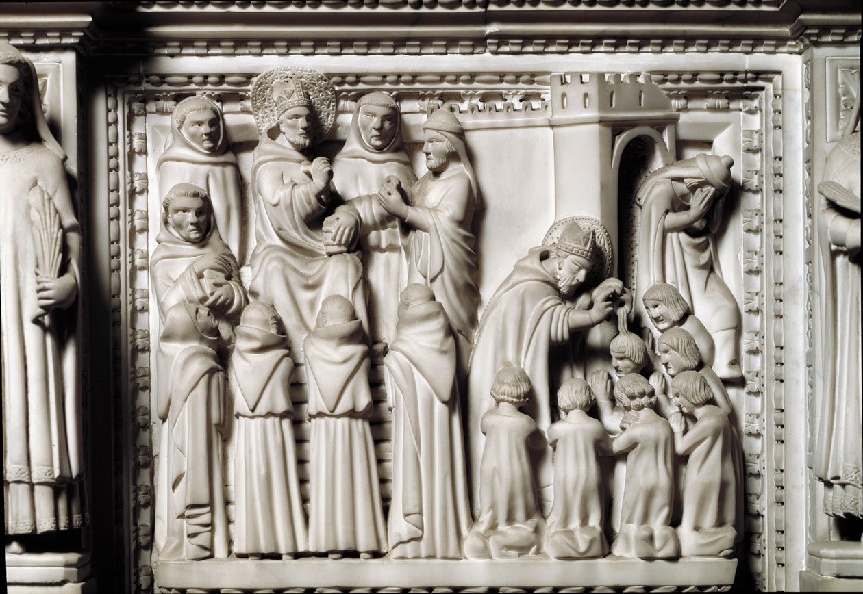 St Augustine ark med reliker av helgonet, detalj av reliefen som visar disputationen och dopet av St Augustine. Skulptur i marmor av Unknown artist