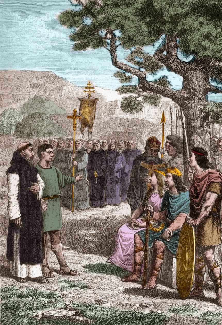 St Augustine av Canterbury (d 604) predikade inför Ethelbert (552? -616) anglosaxisk kung av Kent som han döpte 597 - Augustinus skickad av påven Gregory I för att omvända anglosaxare till kristendomen - Representation av Saint Augustine av Canterbury ( d. av Unknown artist