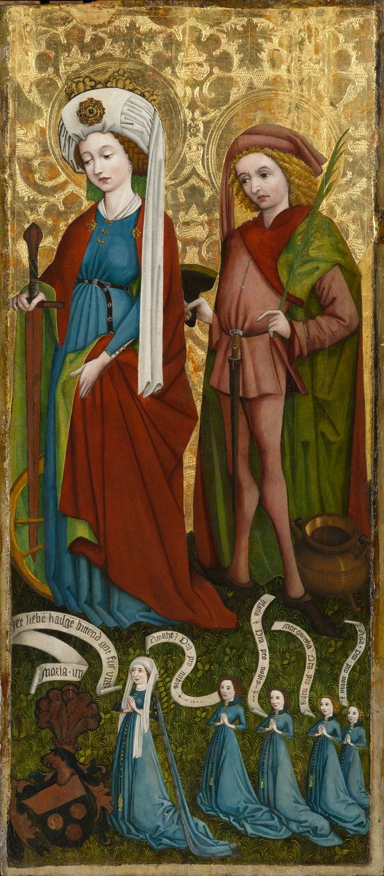 St. Catherine och St. Vitus med Anna von Freiberg och hennes döttrar, cirka 1450 (tempera och olja på panel) av Unknown artist