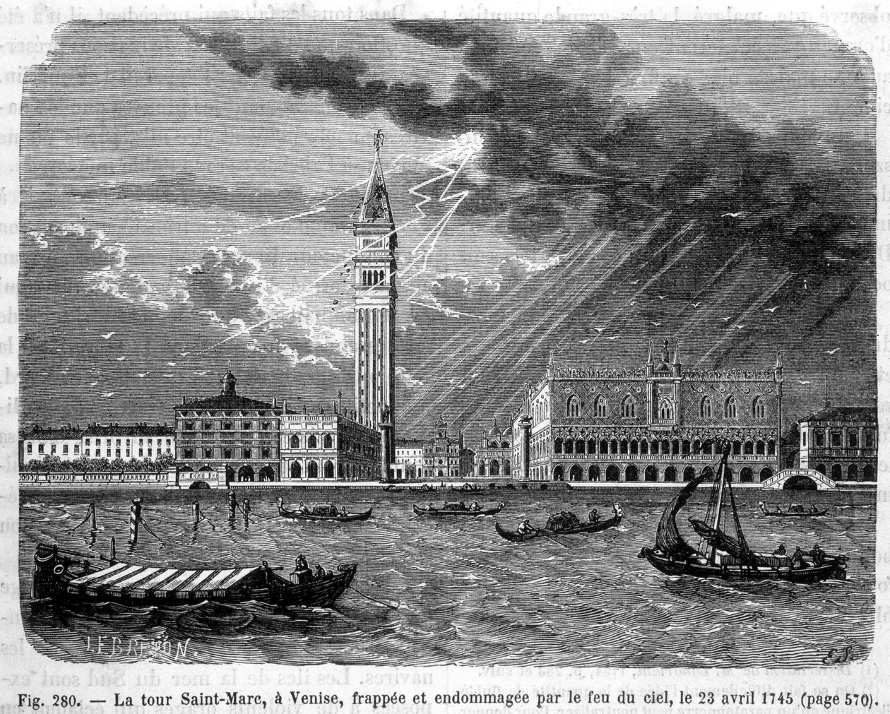 Markustornet i Venedig träffades och skadades av himlens eld den 23 april 1745 - i "" Vetenskapens underverk"" av Louis Figuier av Unknown artist