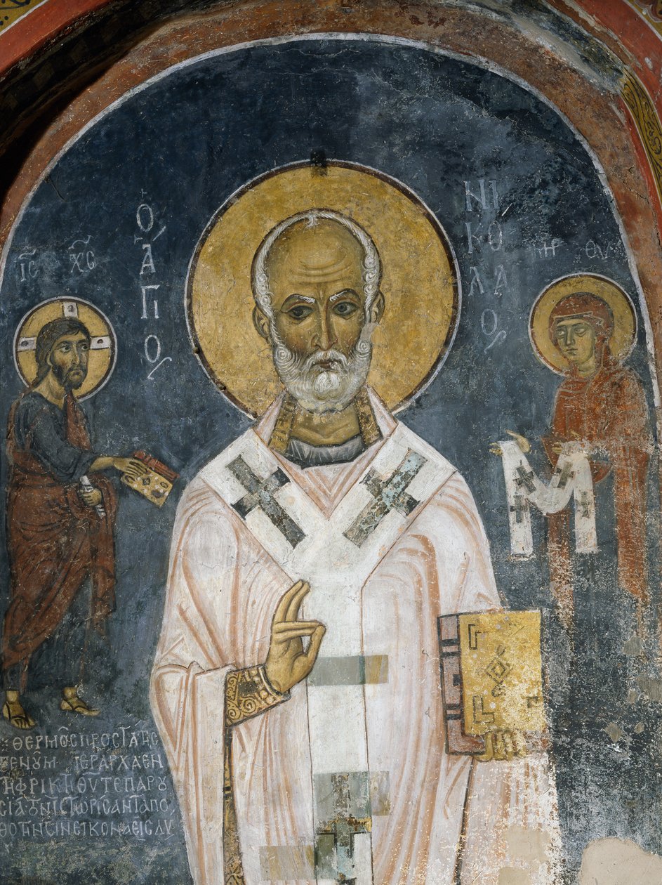 St Nicholas of Myra, fresk (1100-talet), Ayios Nikolaos tis Steyis-kyrkan (Sankt Nikolaus av taket) (1000-talet) (Unescos världsarvslista, 2001), Troodosbergen, Cypern av Unknown artist