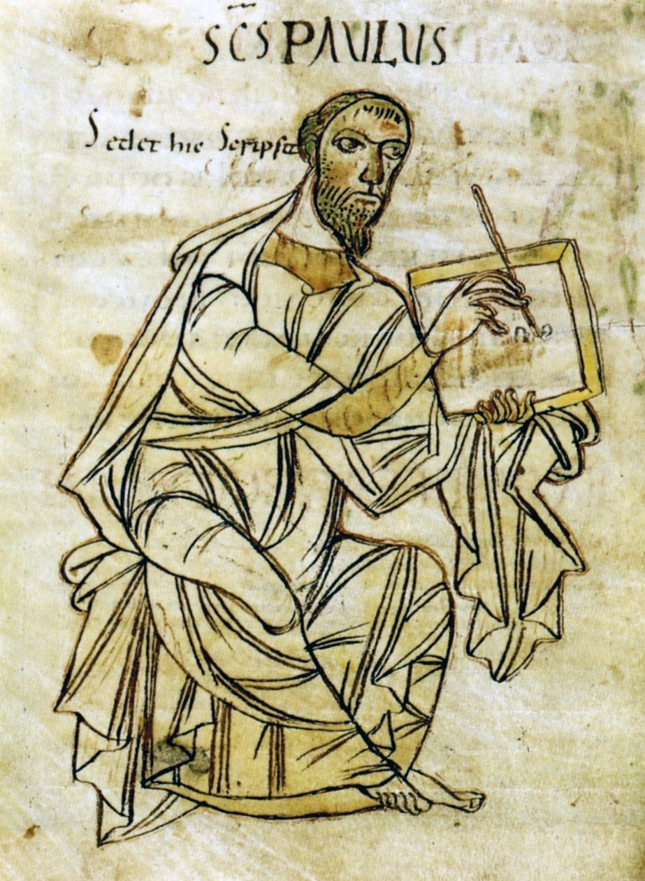 St. Paul-skrift, från en tidig 900-talsmanuskriptversion av St. Pauls brev (vellum) av Unknown artist