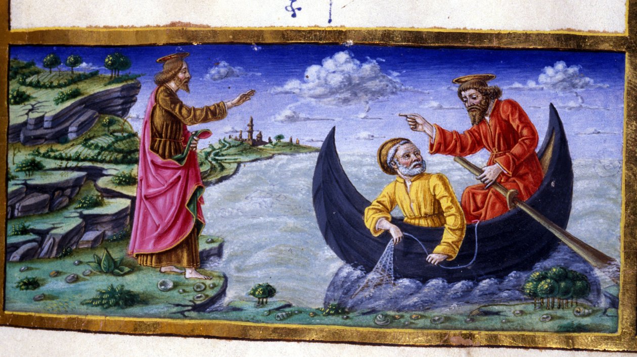 St Peter: Fiske på Tiberiasjön. Miniatyr av 1400-talet. Milano, Biblioteca Trivulziana. av Unknown artist