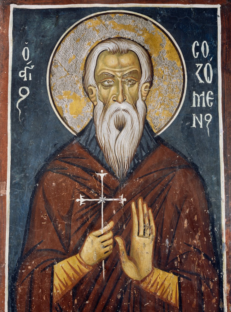 St Sozomen, första helgonet i den cypriotiska kyrkan, fresk (1332-1333), Den bysantinska kyrkan Our Lady of Asinou (1100-talet) (Unescos världsarvslista, 2001), Troodosbergen, Cypern av Unknown artist
