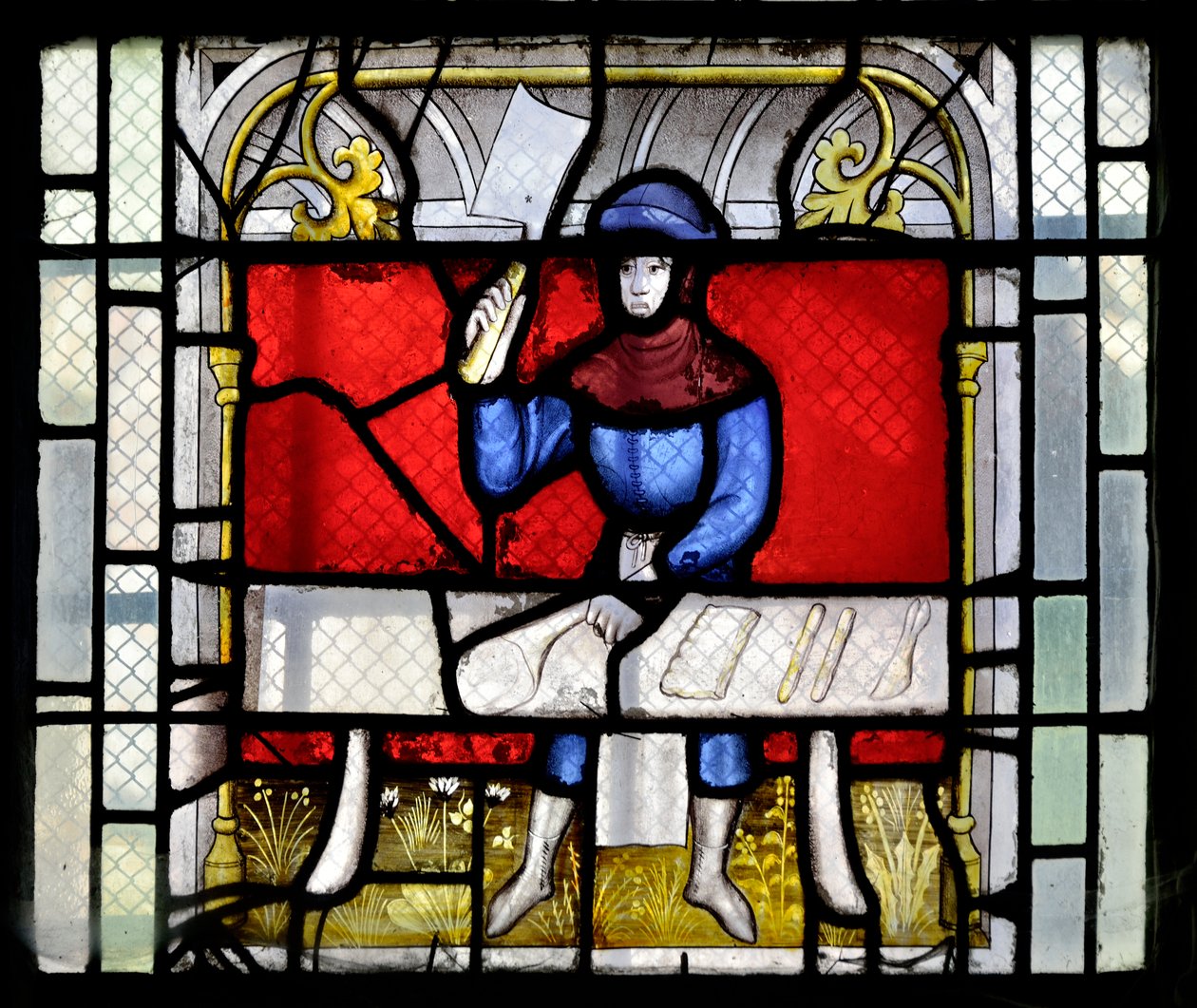 Fönster i målat glas som visar en slaktare i arbete, slutet av 1400-talet - början av 1500-talet - Kapellet Sainte Claude (Sainte-Claude) i kyrkan Collegiale Notre-Dame de Semur-en-Auxois (Notre Dame de Semur en Auxois), Bourgogne av Unknown artist