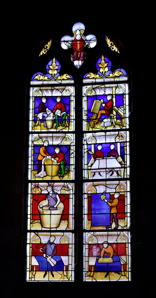Målat fönster som visar tillverkning av tyg, mitten av 1400-talet - Chapelle Saint Blaise (Saint Blaise) i Church Collegiale Lady of Semur-en-Auxois (Notre Dame de Semur en Auxois), Bourgogne av Unknown artist