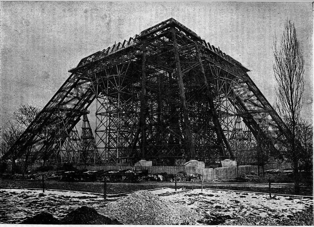 Tillståndet för byggandet av Eiffeltornet i Paris i början av mars 1888, gravering i tidskriften "" la jeunesse"" av Unknown artist