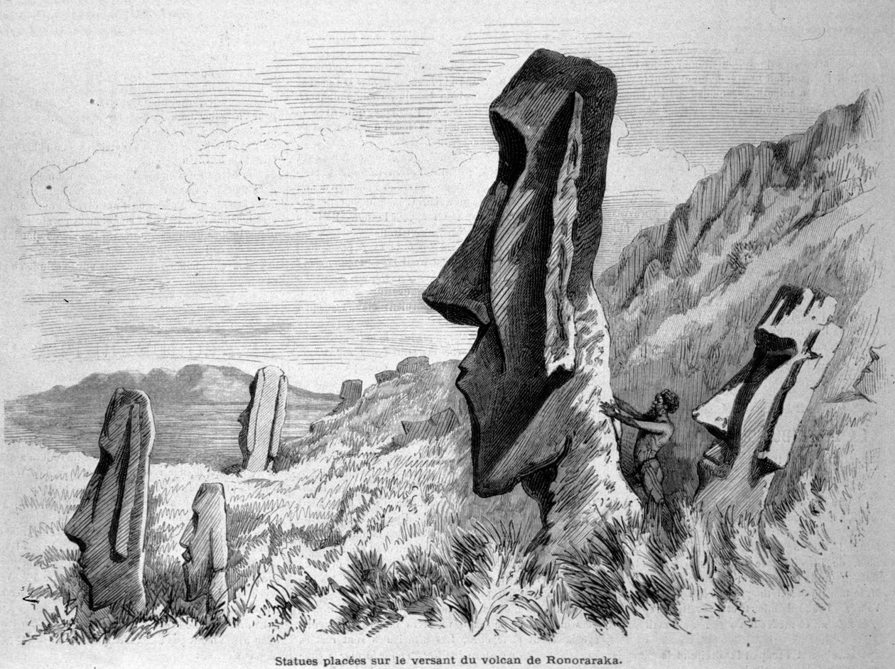 Statyer placerade på sluttningen av vulkanen Ronoraraka på Påskön (Rapa Nui). Gravyr 1871. av Unknown artist
