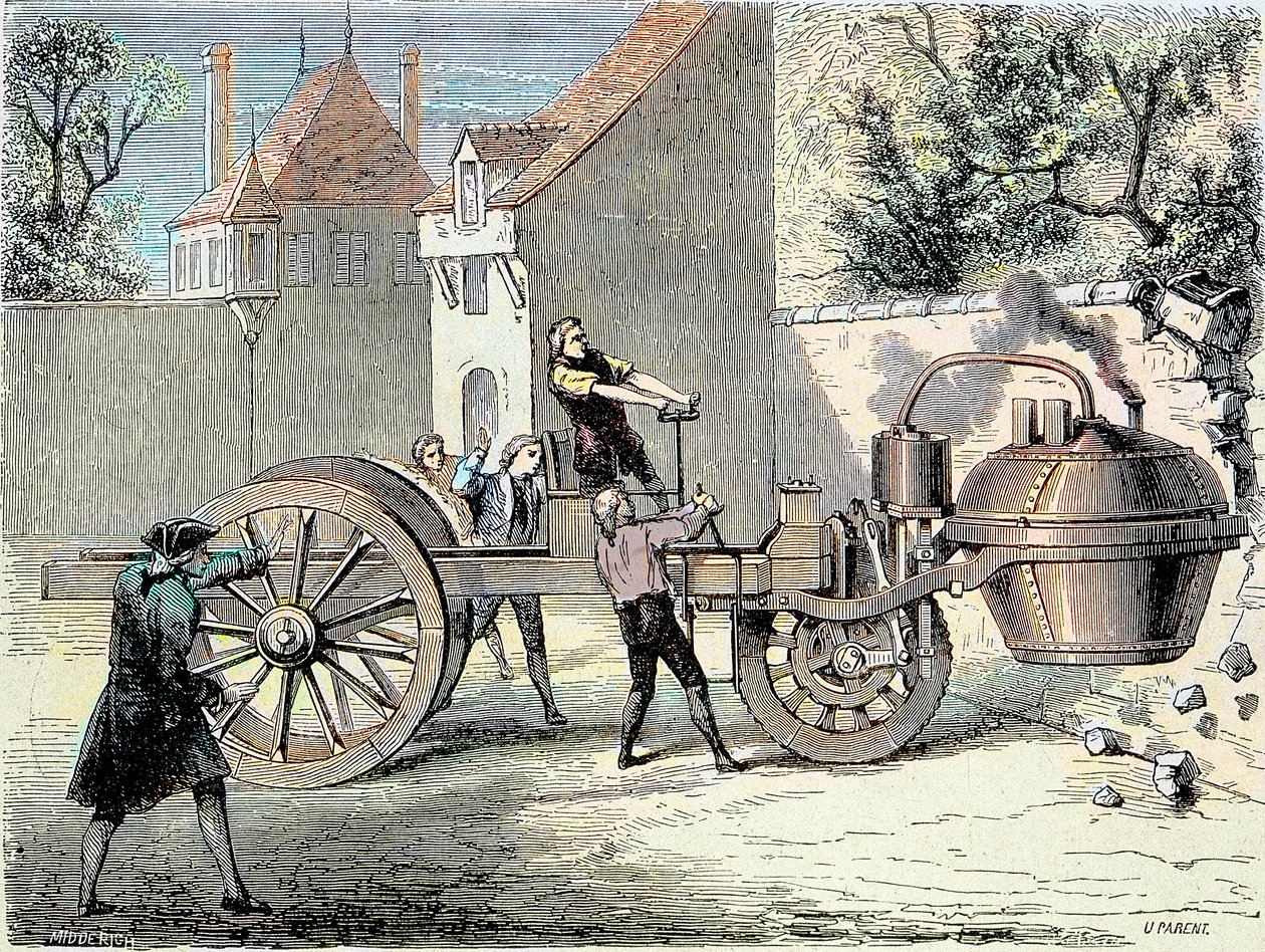Ångdriven bil uppfann av Nicolas Joseph Cugnot (1725-1804) som gick utom kontroll och slog ner en del av en vägg 1770 (första rapporterade "bilolycka") - i "Album de la Science; vetenskapsmän berömda; Stora upptäckter”” 1896 av Unknown artist