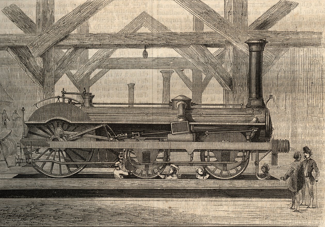 Ångloksmodell, Crampton-system vid namn Thomas Russell Crampton (1816-1888). Gravyr från 1856. av Unknown artist