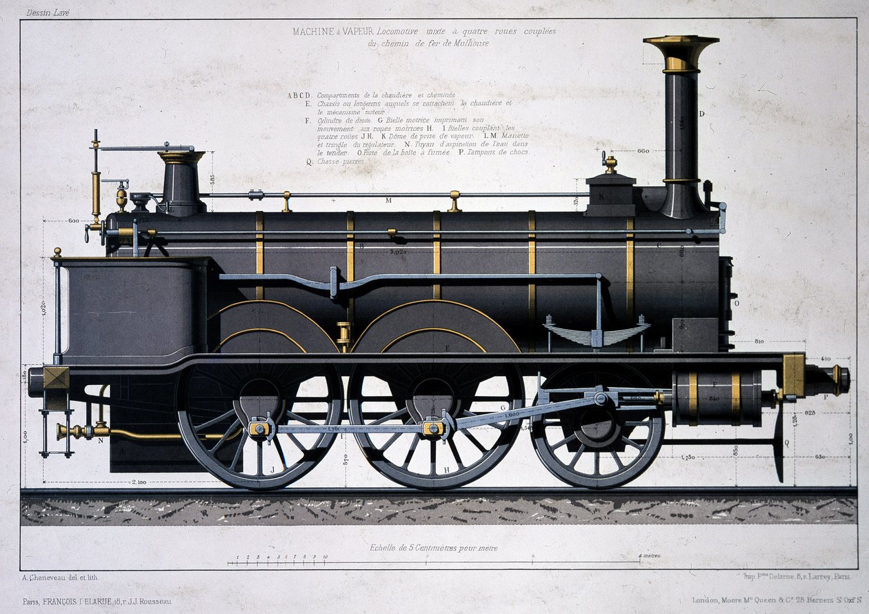 Ånglok av Mulhouse Railway - ritning i tvätten av Unknown artist