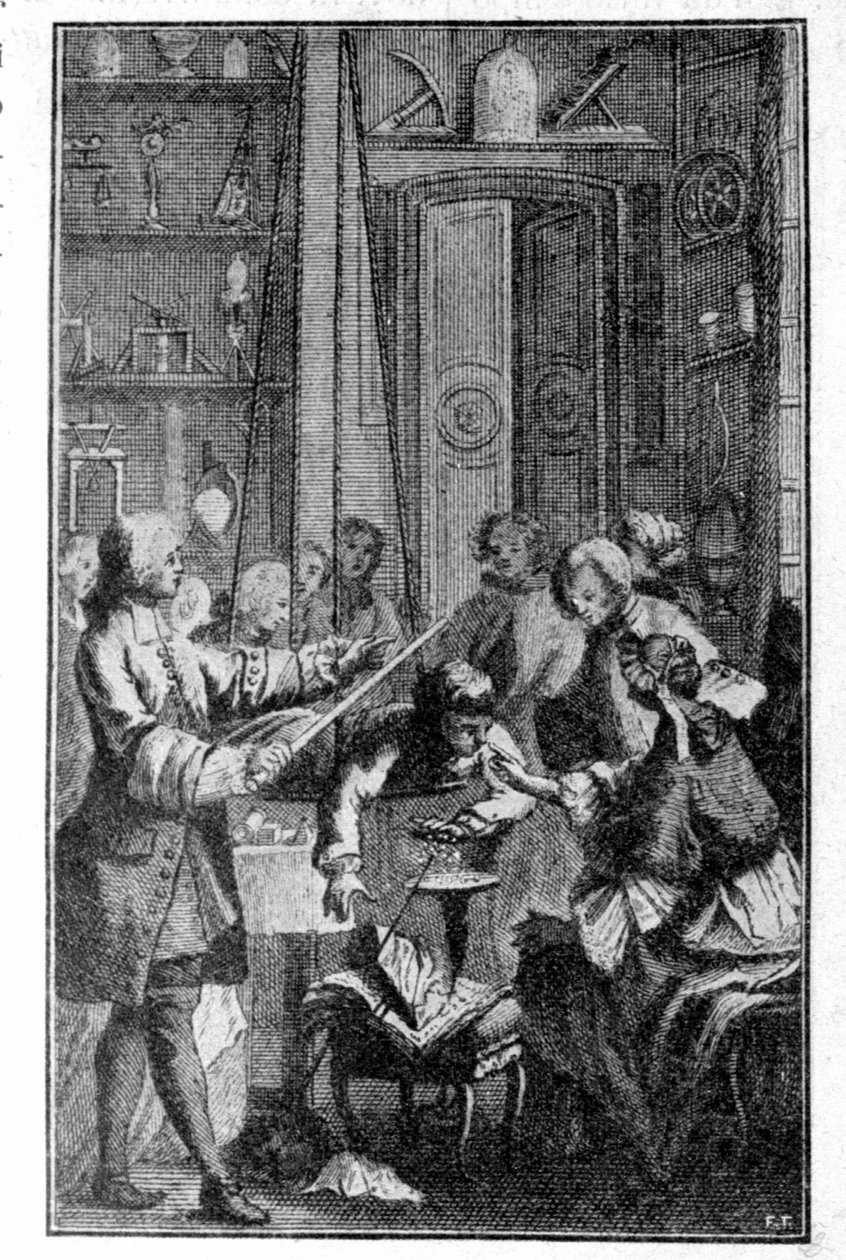 Stephen Grays experiment (1670 - 1736) på människokroppens elektriska ledningsförmåga. Gravyr av 1800-talet. av Unknown artist