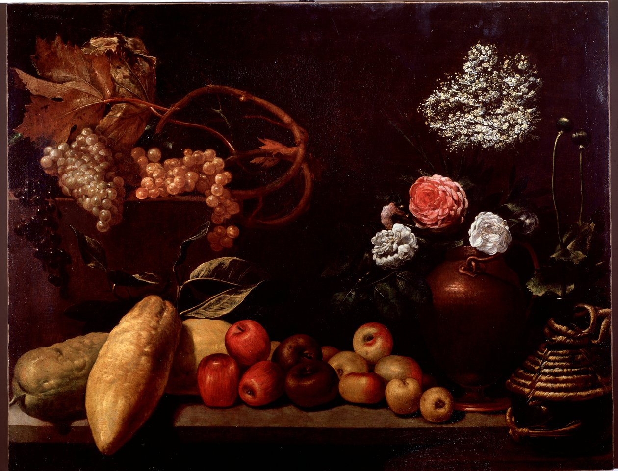 Stilleben med rosor, buskblommor, citroner och vindruvor (målning av Unknown artist