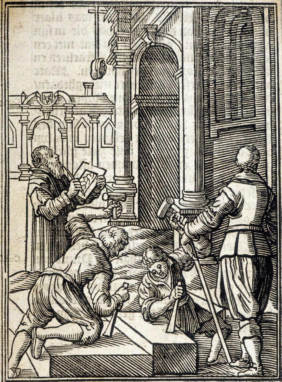 Stenklippare som arbetar med konstruktionen av en katedral - gravyr av Unknown artist