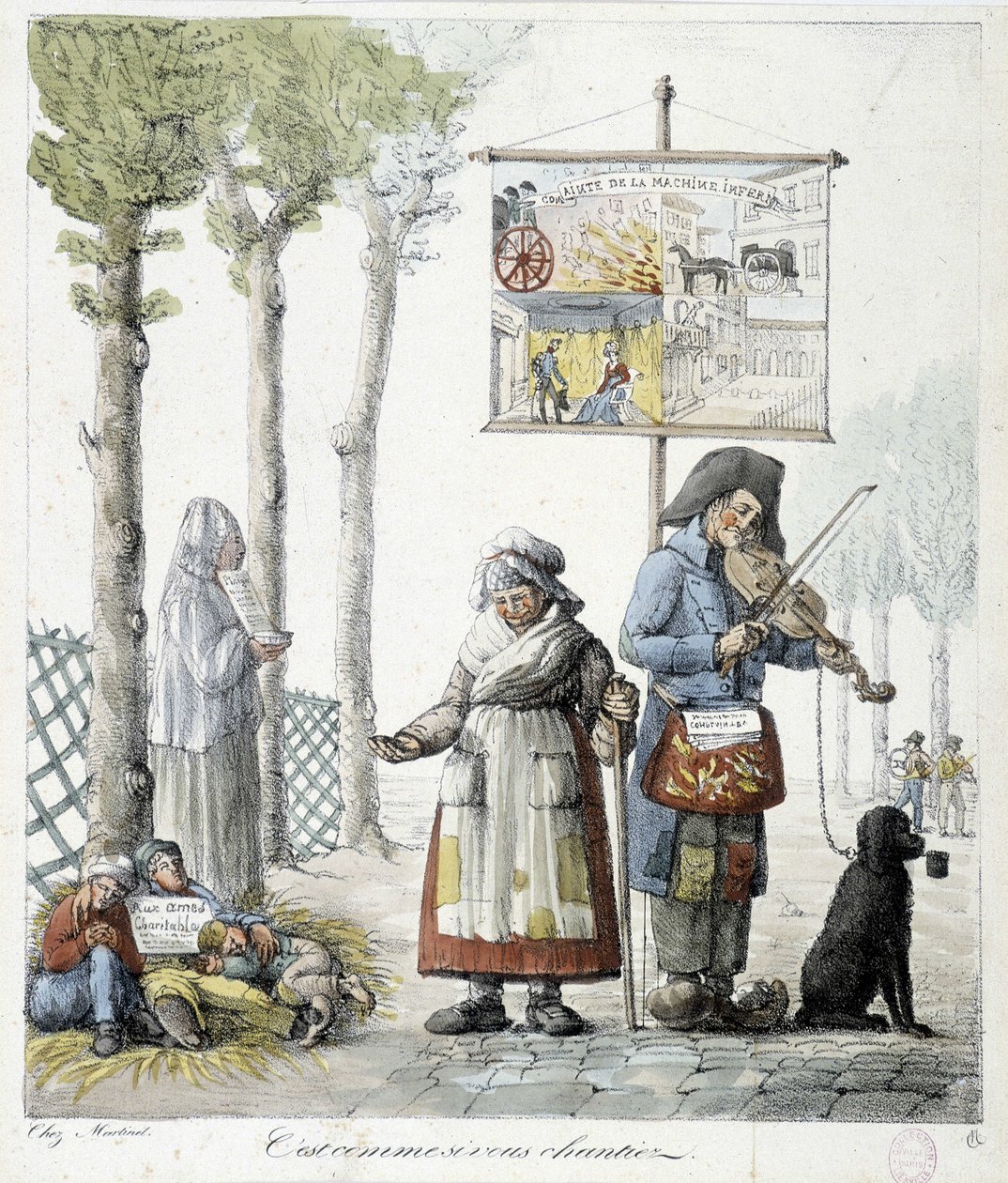 Gatumusikanter, tiggande barn - litografi av Unknown artist