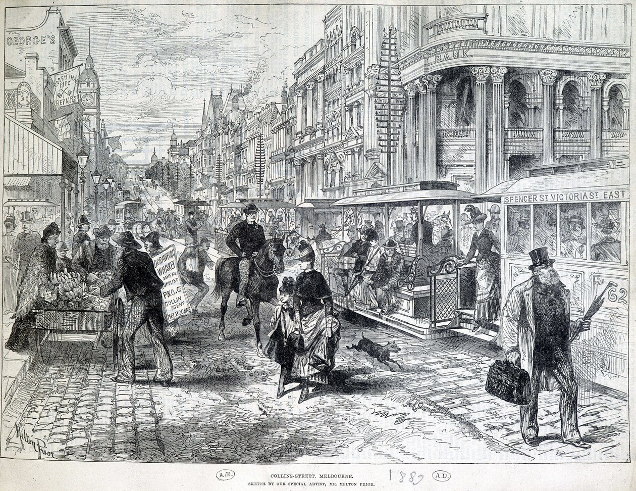 Gatuscener, Collins Street i Melbourne 1889. av Unknown artist