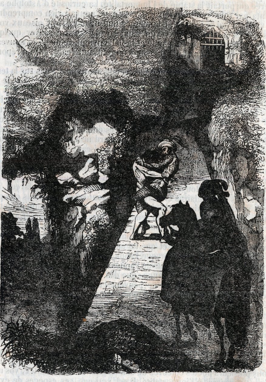 Kamp mellan Roland och Rodomont - gravyr från 1851 från "" Furious Roland"" (Orlando furioso) (1500-talet) av Ludovico Ariosto, känd som Ariosta - Edition översatt från italienska av greven av Tressan och publicerad av Gustave Harvard 1851 av Unknown artist