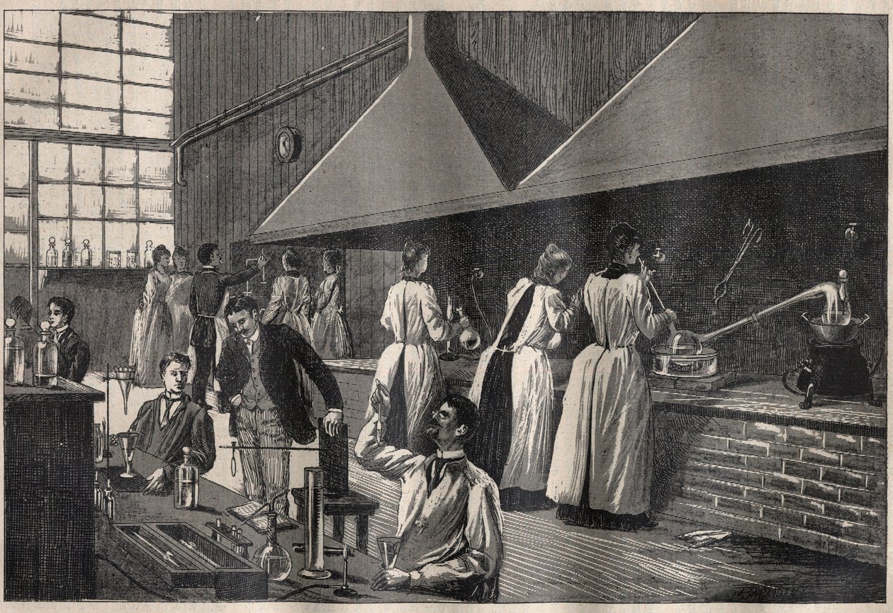 Studenter och professorer i det praktiska laboratoriet vid Conservatoire des Arts et Metiers (Arts-et-Metiers) i Paris av Unknown artist