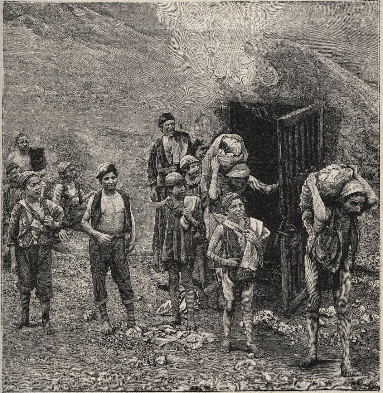 Svavelbrytning (Zolfara) på Sicilien, ritning av Unknown artist