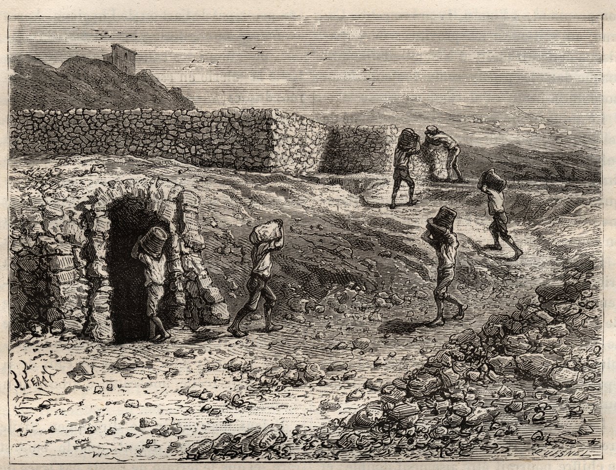 Svavel - En svavelgruva i Girgenti, Sicilien - gravyr i 