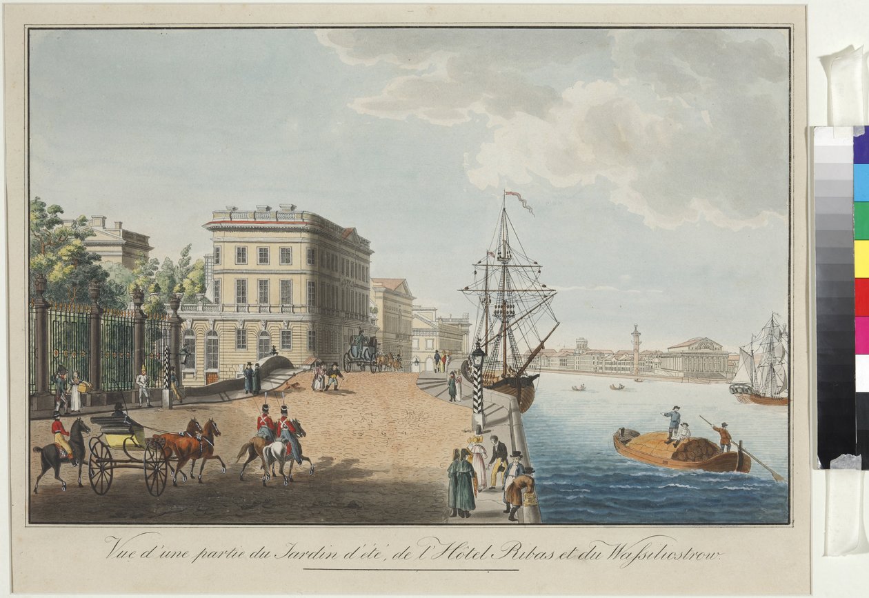 Sommarträdgården och De Ribas hus vid floden Neva - Anonym. Etsning, akvarell av Unknown artist