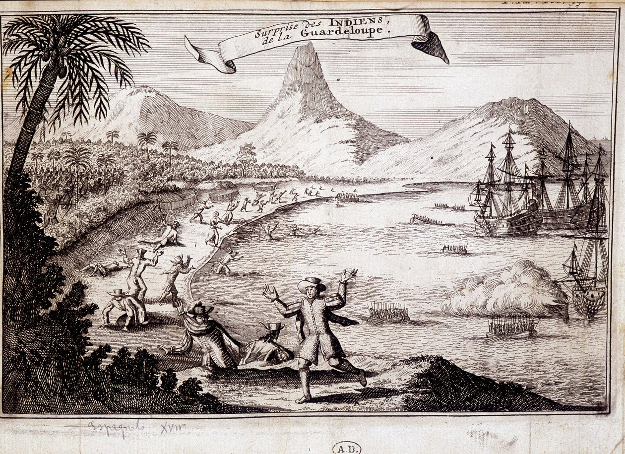 Indianernas överraskning vid landstigningen av Christopher Columbus i Guadeloupe (karaveller) - gravyr av Unknown artist