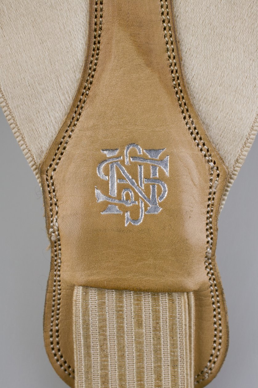 Hängslen, c.1880 (detaljvy), Broderad vit satin, läder, silver, Maker okänd av Unknown artist
