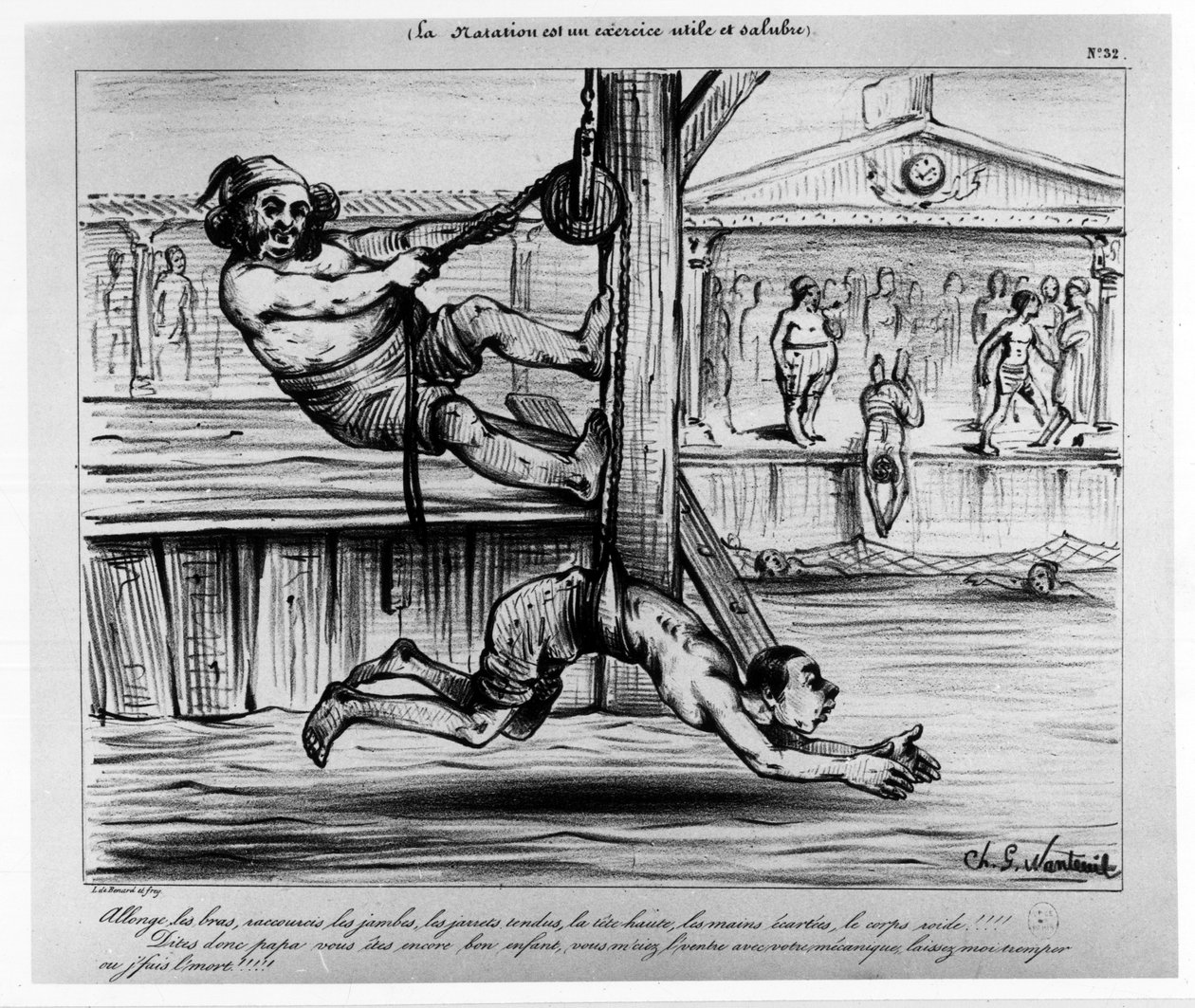 Simning är en nyttig och hälsosam övning: en humoristisk övning om att lära sig simning - Musee Carnavalet, sd, ca 1850 av Unknown artist