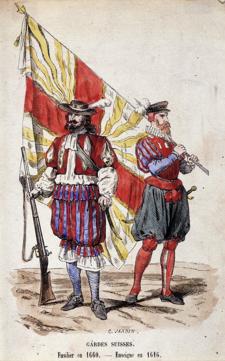 Schweiziska garde: Fusilier 1660 och Fänrik 1616. av Unknown artist