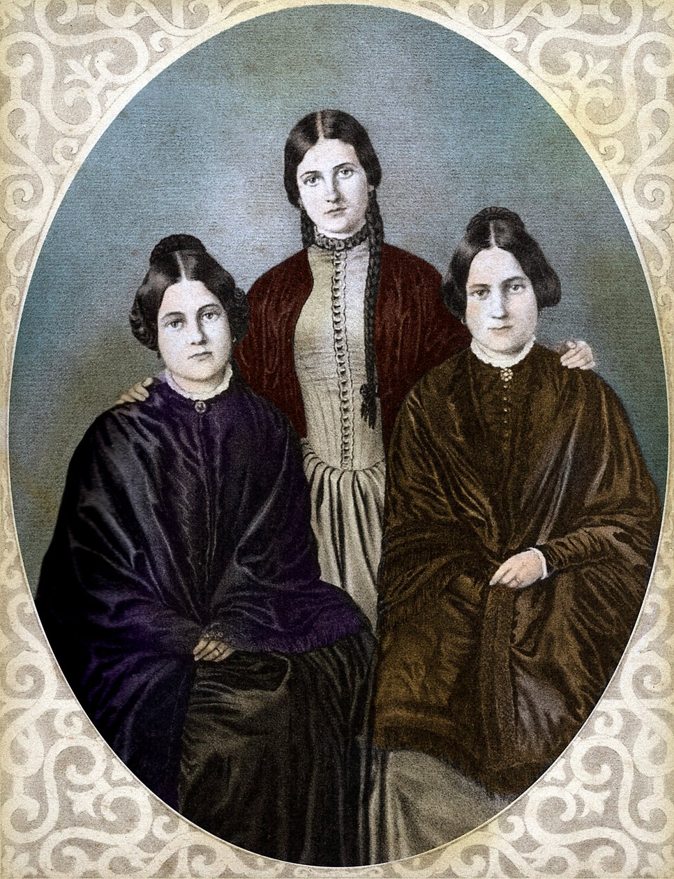 RÄVSYSTRARNA Margaretta, Kate och Leah är pionjärer som spiritister (Fox Sisters: från vänster till höger: Margaret eller Maggie (1837-1893), Kate (1828-1892) och Leah (1814-1880), pionjärer inom spiritualism och spiritualism av Unknown artist