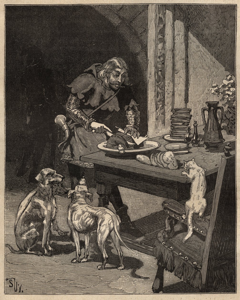 Bordskonst: skär mat innan gaffeln kommer. En man håller köttet med ett pappersark i ena handen och använder sin kniv i den andra. Gravyr från 1885 i "" Les arts et metiers illustres"" av Adolphe BITARD. av Unknown artist