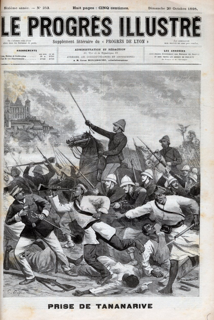 Tar Antananarivo - Fransk militär invaderade Antananarivo 1895 - Conquete de Madagascar. - erövring av Tananarive av den franska expeditionsstyrkan den 30 september 1895 - gravering i "" Le Progres illustrious"" från 1895 av Unknown artist