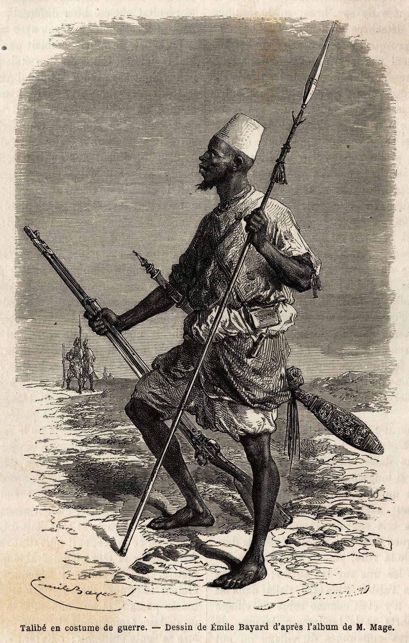 Talibe (en ung student som studerar Koranen) från kung Ahmadus (Toucouleur) armé i krigskostym. Gravyr för att illustrera resan till västra Sudan av löjtnant (marinen) M. Mage, 1863-1866, publicerad i "Le tour du monde, nouveau journal des voyage av Unknown artist