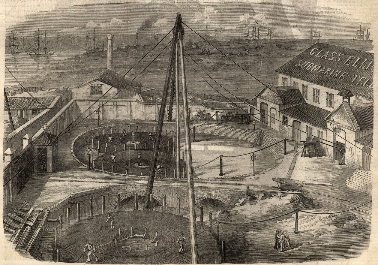 Telegrafi: Den transatlantiska kabeln som tillverkas vid glasfabriken, Elliot and Company i East Greenwich (England) är redo att levereras. Gravyr i "" The Illustrated London News"" av 14 mars av Unknown artist